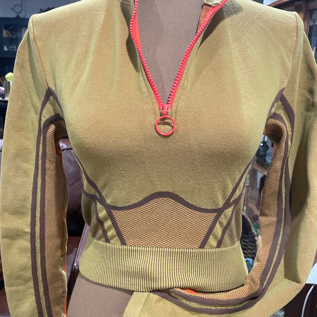 Fabletics Olive And Red Crew Neck Sweater